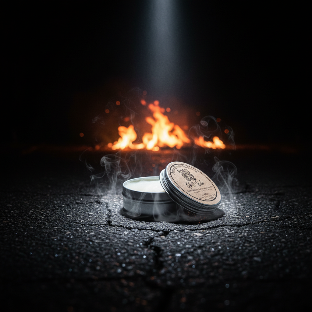 Ghost Rider Beard Butter by After Hours Alchemy — tin on asphalt road at night with motorcycle headlight beam, flames and embers in background