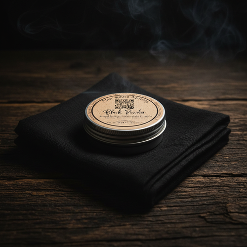 Black Powder Beard Butter on gray weathered wood with black linen and smoke